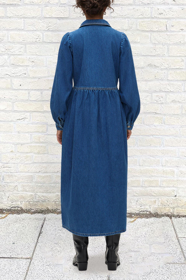 Casual Lantern Sleeve Loose Denim Midi Dress