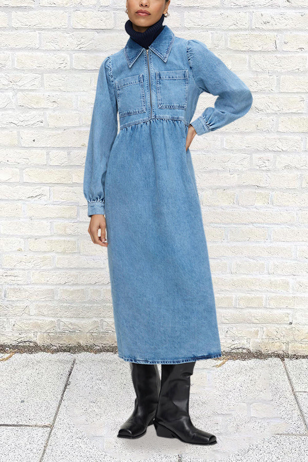 Casual Lantern Sleeve Loose Denim Midi Dress