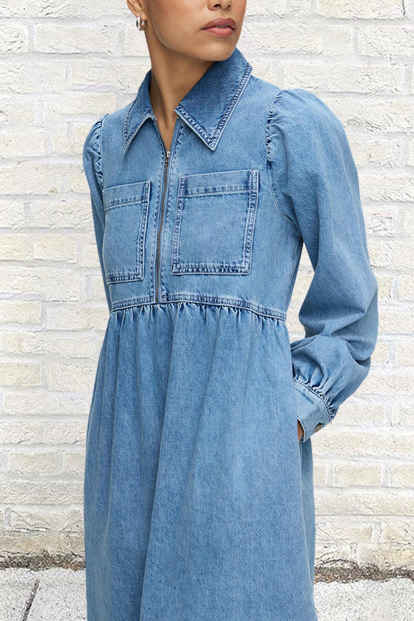 Casual Lantern Sleeve Loose Denim Midi Dress