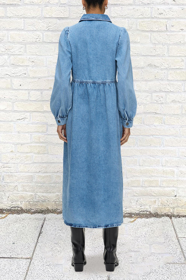 Casual Lantern Sleeve Loose Denim Midi Dress