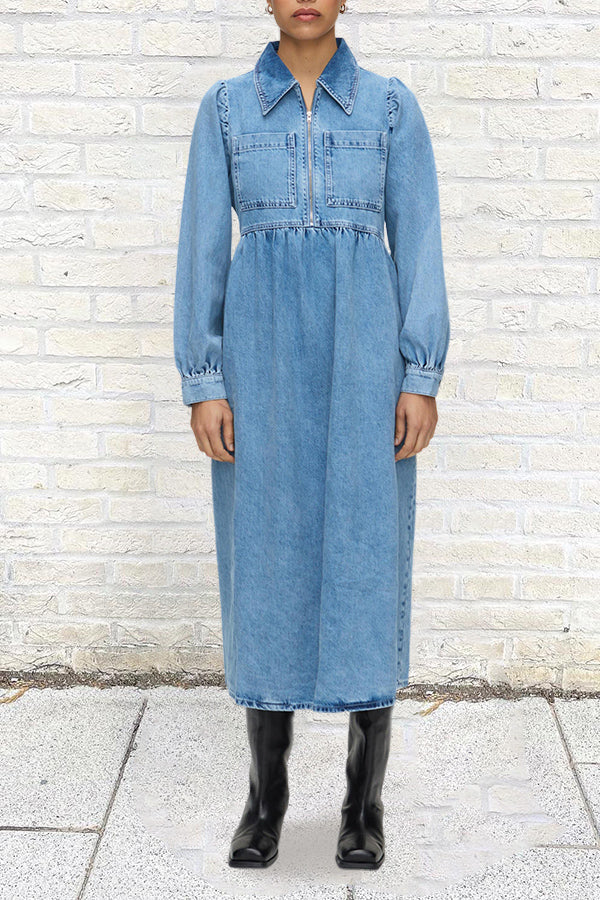 Casual Lantern Sleeve Loose Denim Midi Dress