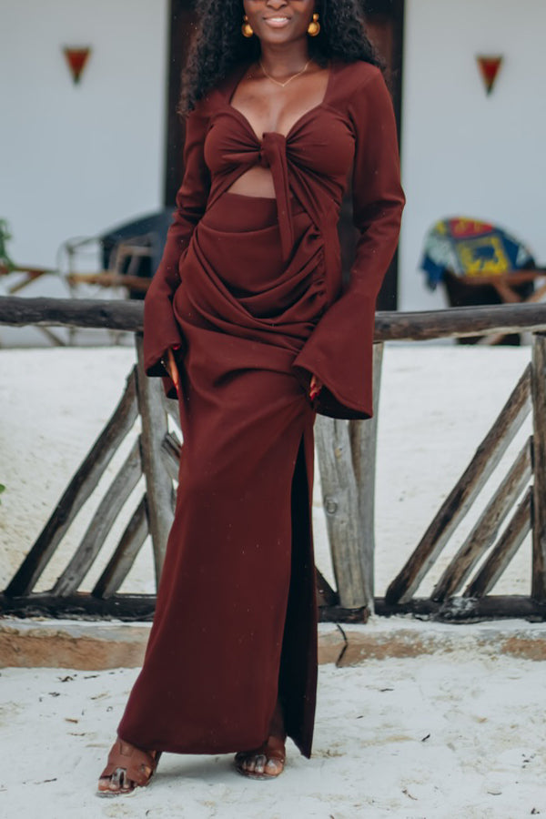 Unique Desig Ruched Trumpet Sleeve Maxi Dress