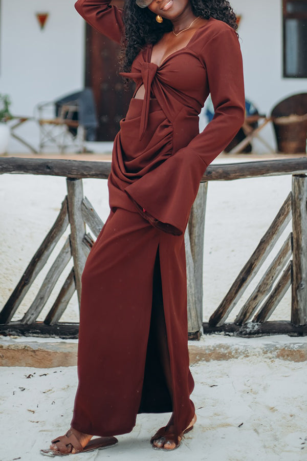 Unique Desig Ruched Trumpet Sleeve Maxi Dress