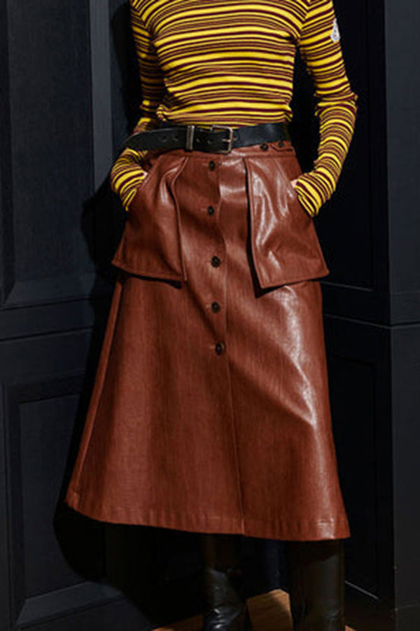 Stylish Patched Pocket Leather Long Skirt