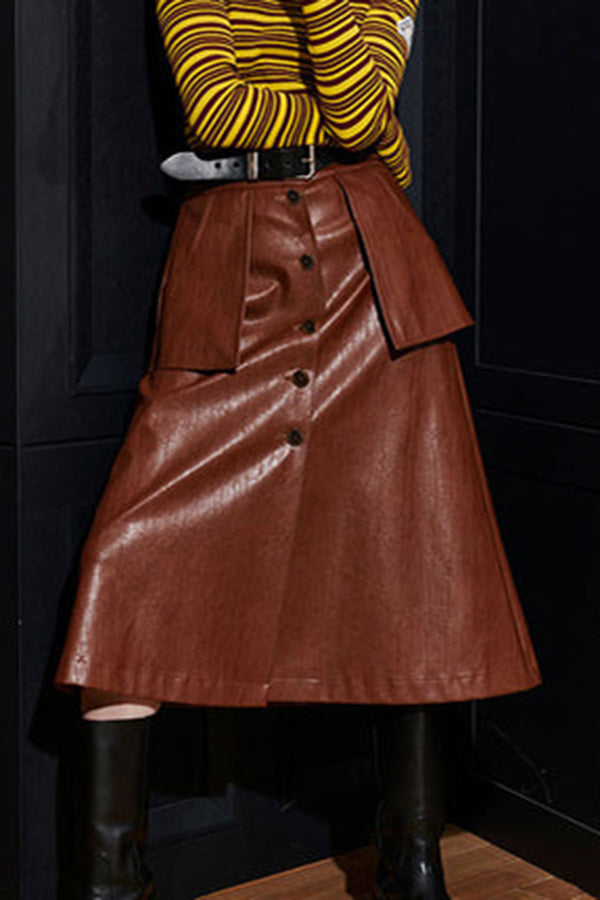 Stylish Patched Pocket Leather Long Skirt