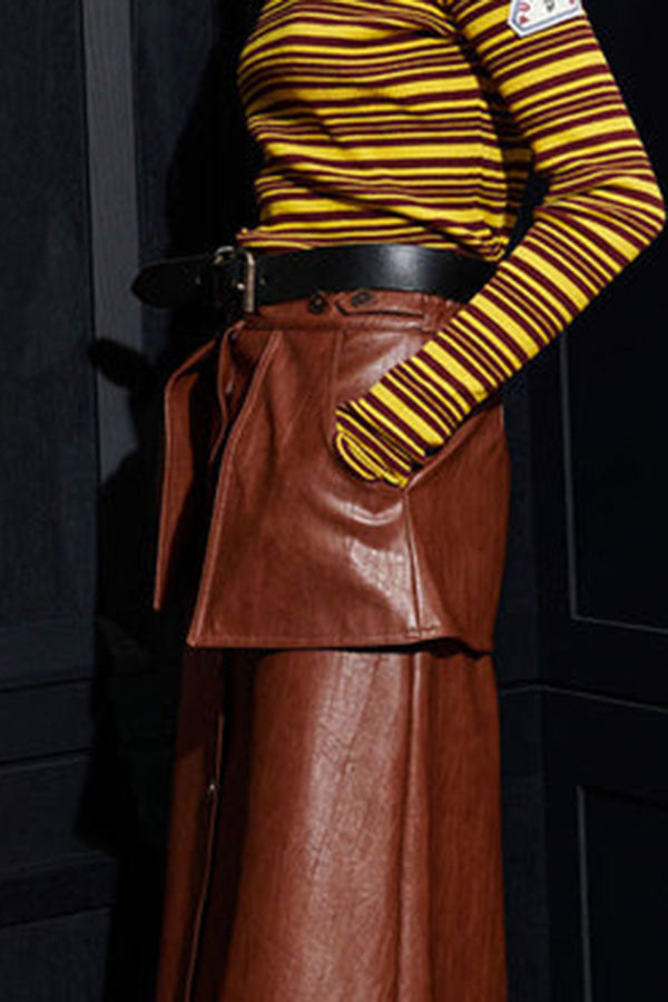 Stylish Patched Pocket Leather Long Skirt