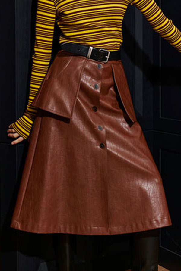 Stylish Patched Pocket Leather Long Skirt