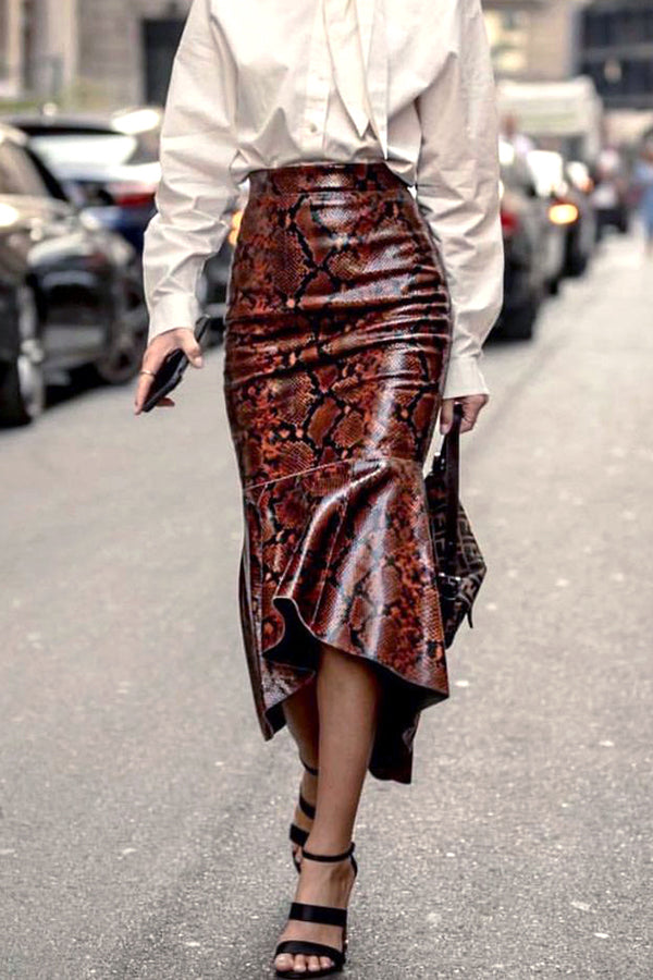 Stylish Snakeskin Print Leather Fishtail Hem Skirt