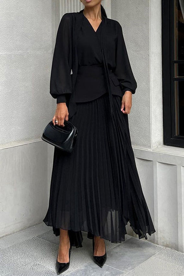 Elegant Lantern Sleeve Shirt & Ruched Skirt Set