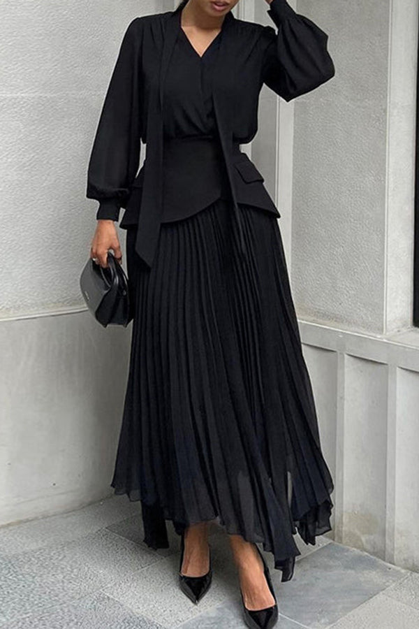 Elegant Lantern Sleeve Shirt & Ruched Skirt Set