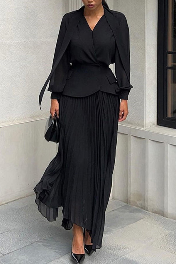 Elegant Lantern Sleeve Shirt & Ruched Skirt Set