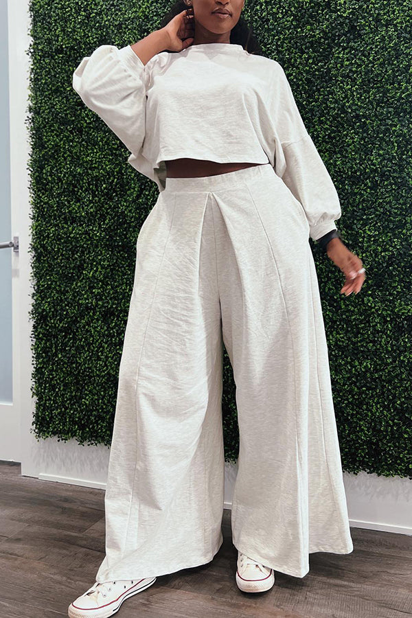 Casual Round Neck Loose Top & Wide Leg Pants Set