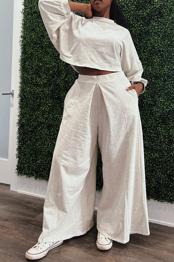 Casual Round Neck Loose Top & Wide Leg Pants Set