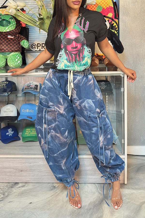 Casual Tie Dye Drawstring Tapered Jeans