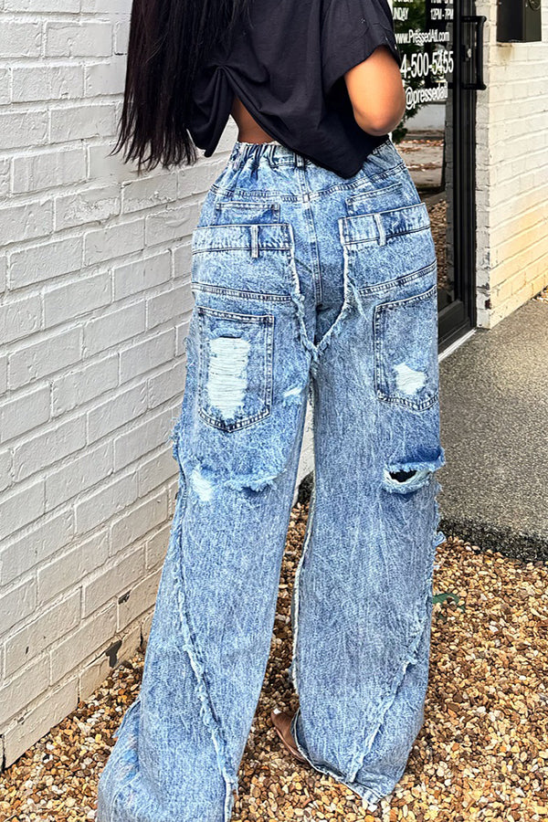 Stylish Overlay Splicing Ripped Jeans