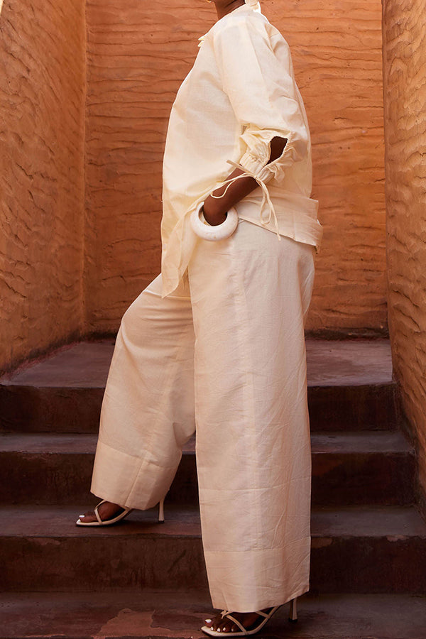 Casual Tie Cuff Shirt & Wide Leg Pants Set