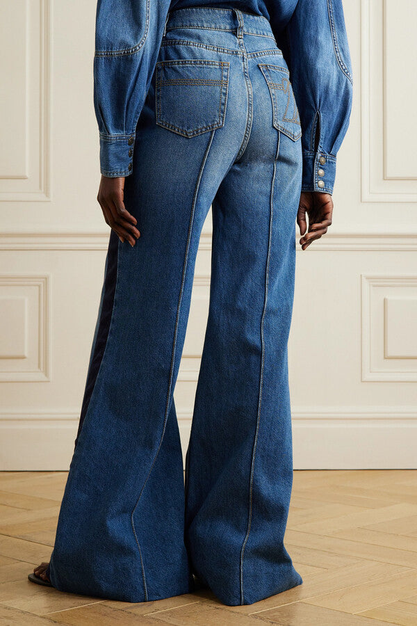 Fashion Satin-trimmed High-rise Flared Jeans