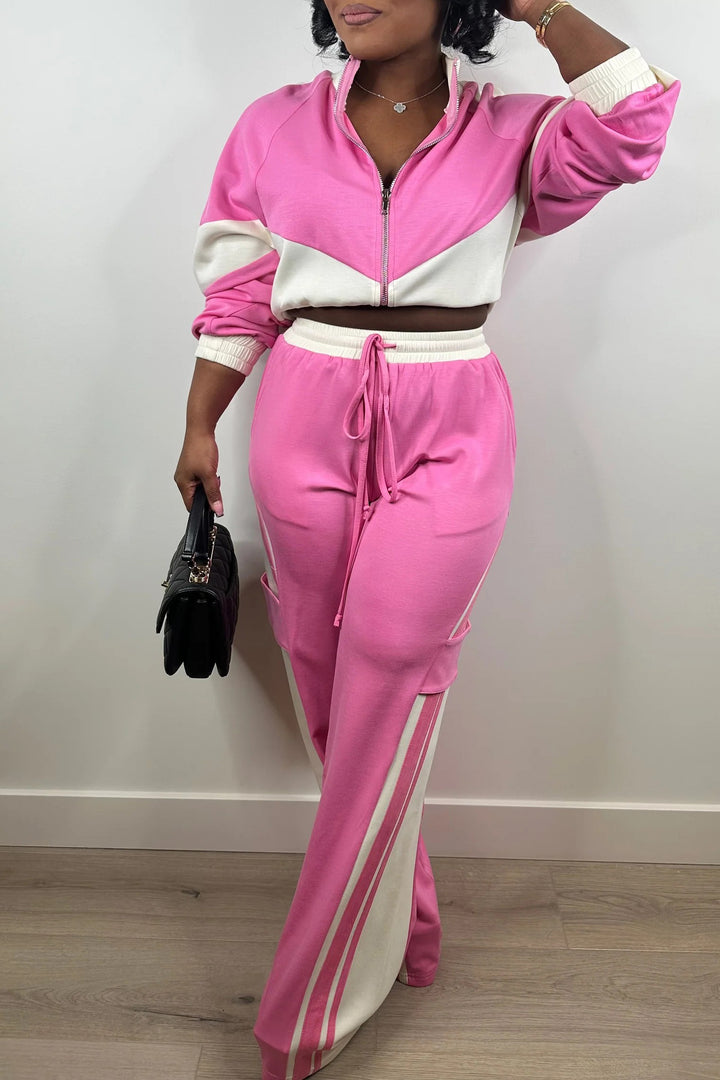 Casual Colorblock Zip Up Coat & Wide Leg Pants Set