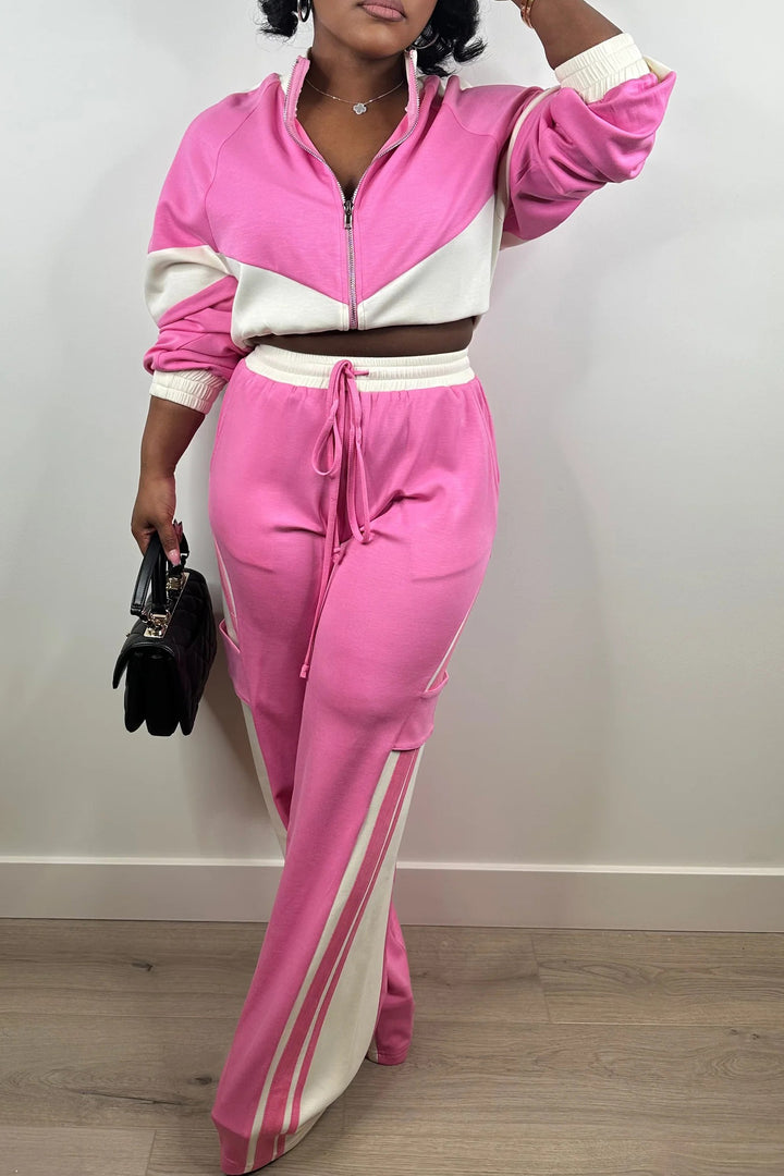 Casual Colorblock Zip Up Coat & Wide Leg Pants Set