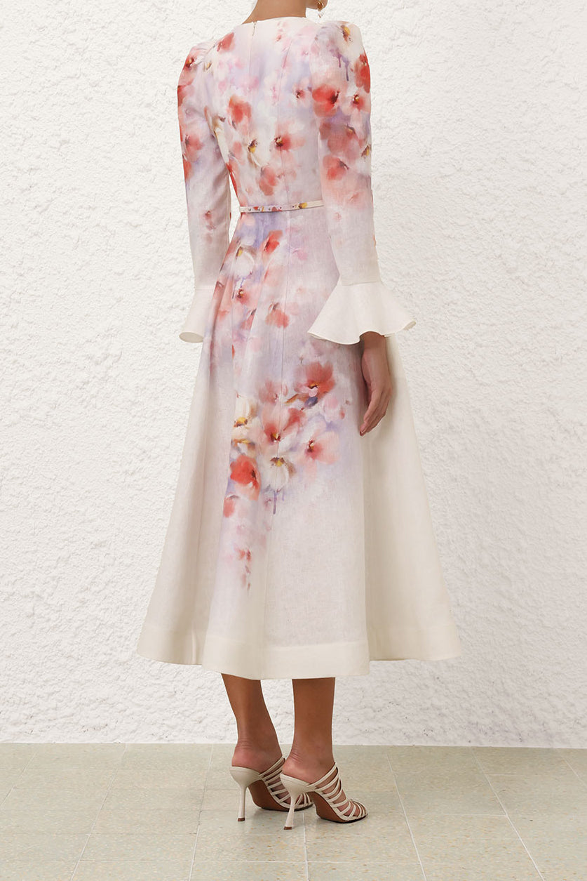 Elegant Botanical Print Crush Frill Sleeved Midi Dress