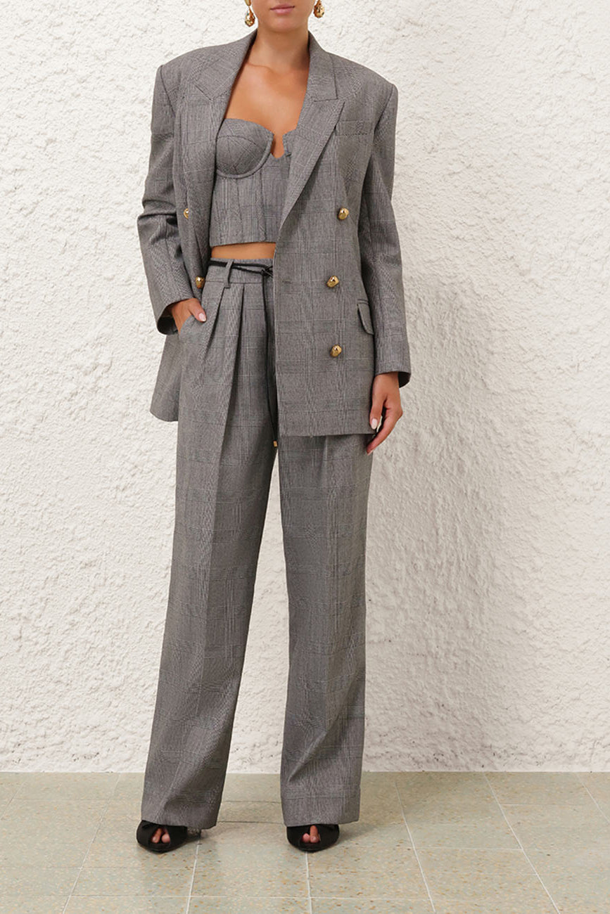 Classic Peak Collar Plaid Blazer & Tailored Pants Set