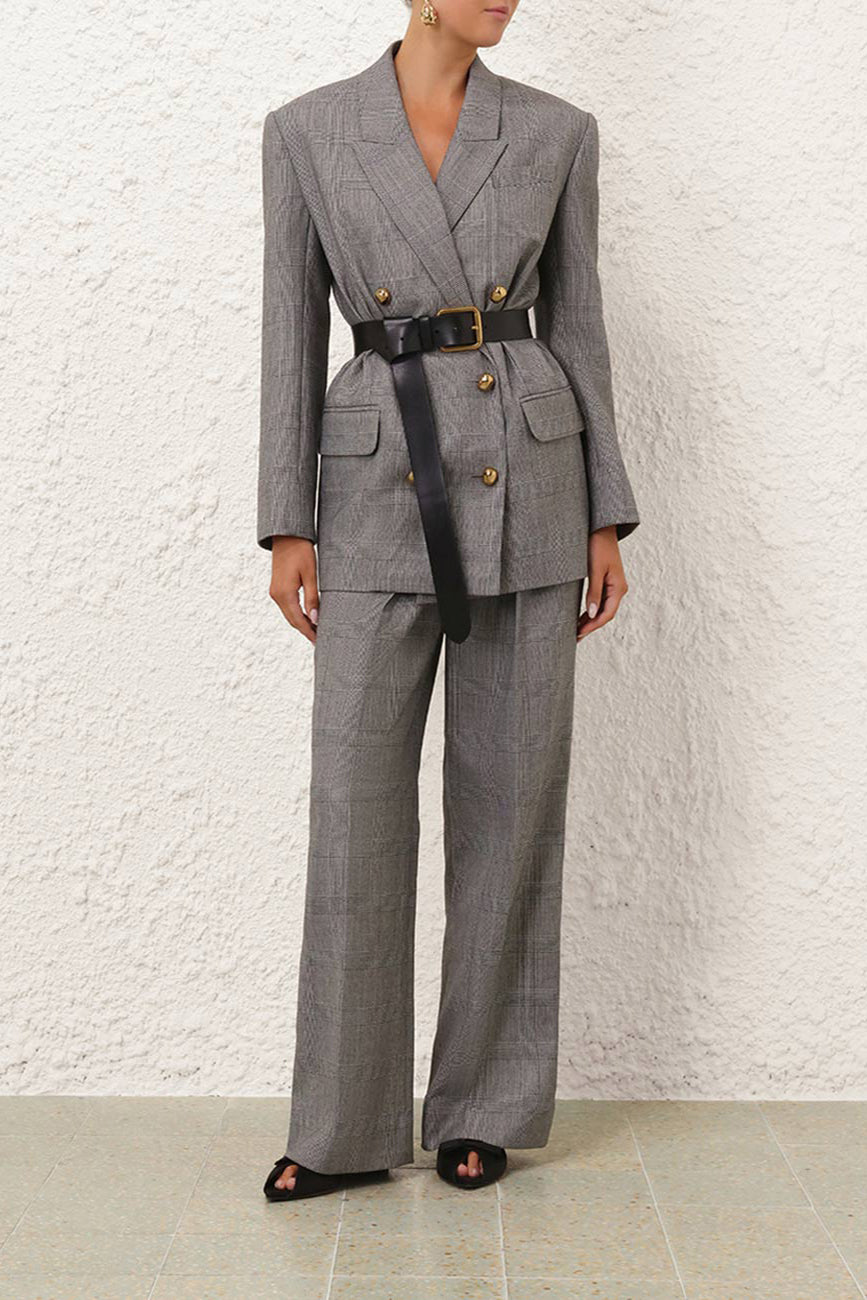 Classic Peak Collar Plaid Blazer & Tailored Pants Set