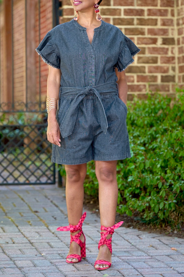 Fashion Ruffle Sleeve Washed Denim Romper