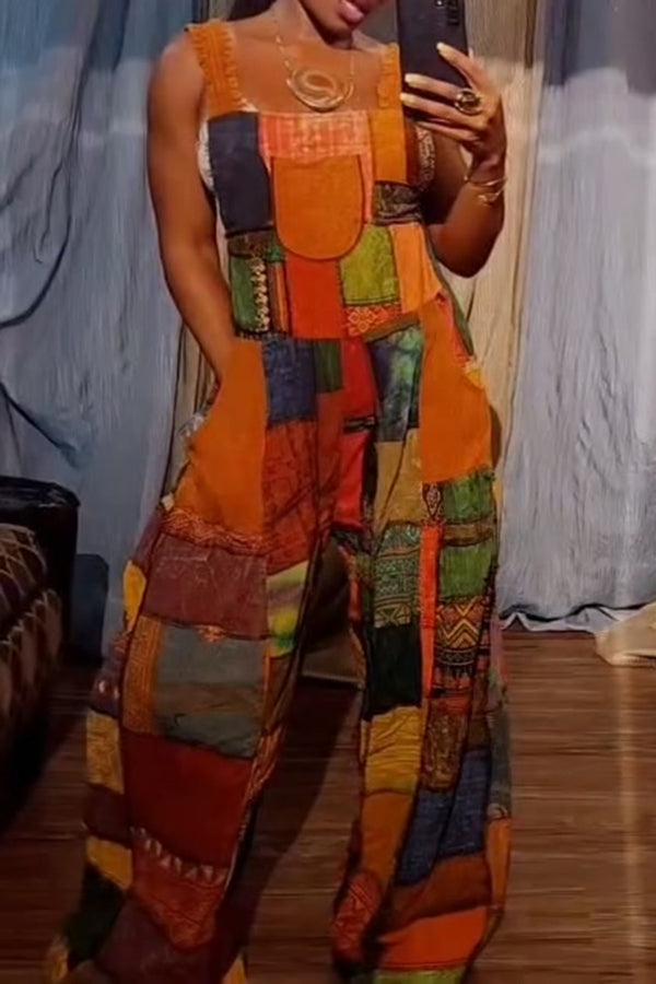Casual Patchwork Print Wide Leg Overall