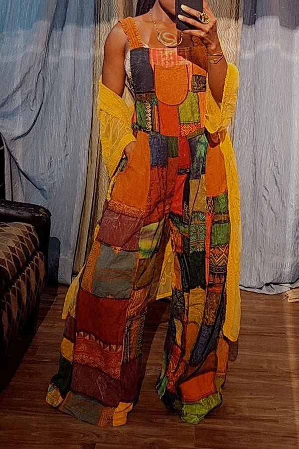 Casual Patchwork Print Wide Leg Overall