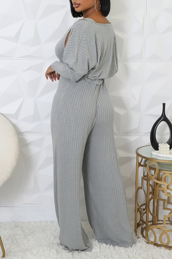 Casual V-Neck Solid Jumpsuit Set