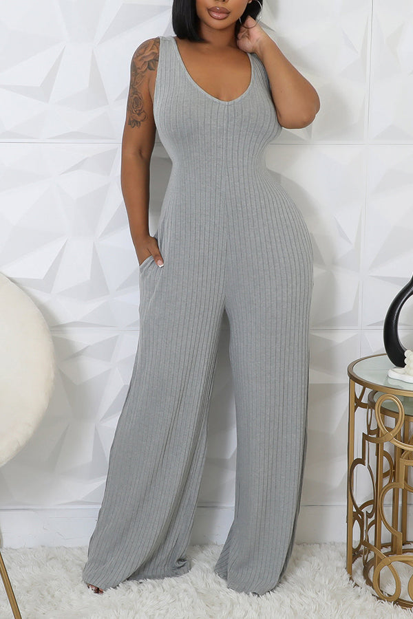 Casual V-Neck Solid Jumpsuit Set