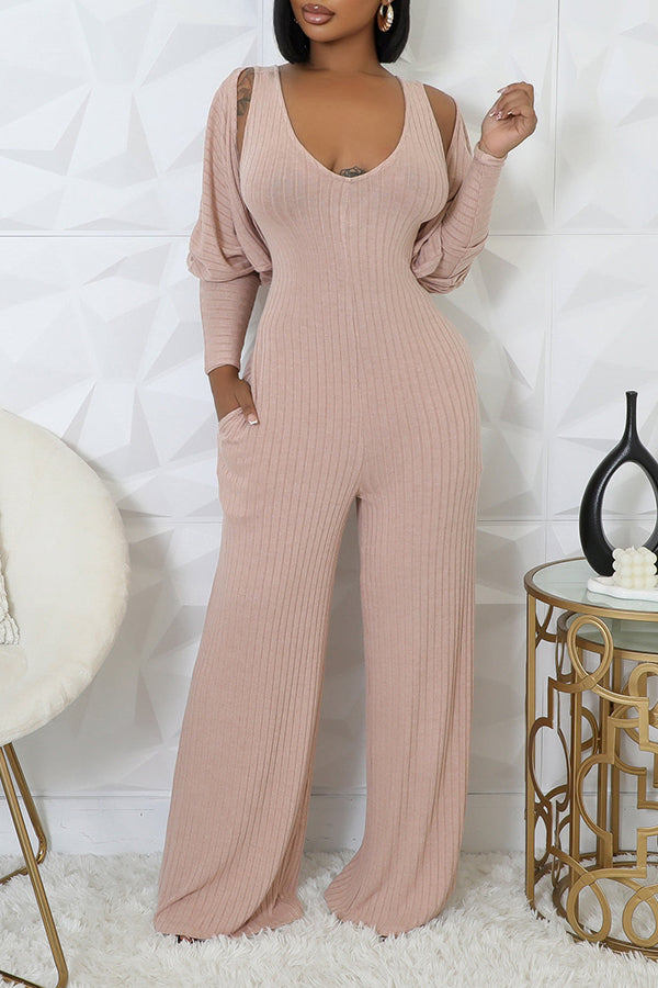 Casual V-Neck Solid Jumpsuit Set