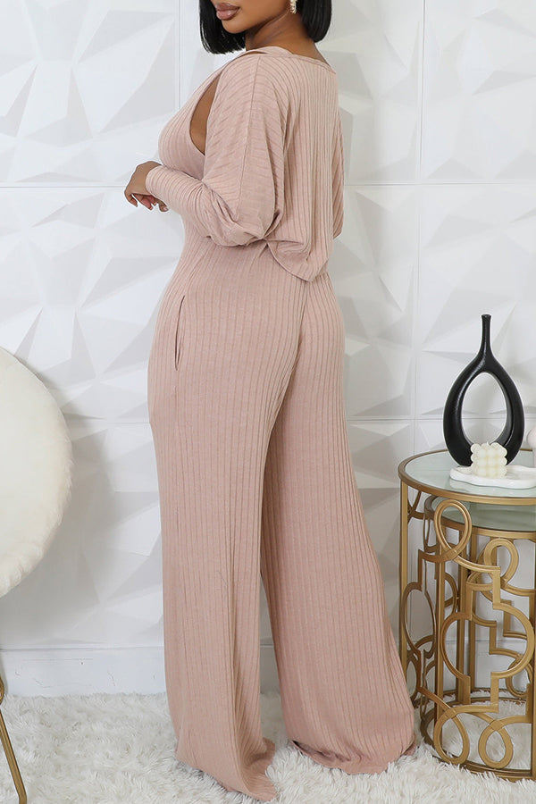 Casual V-Neck Solid Jumpsuit Set