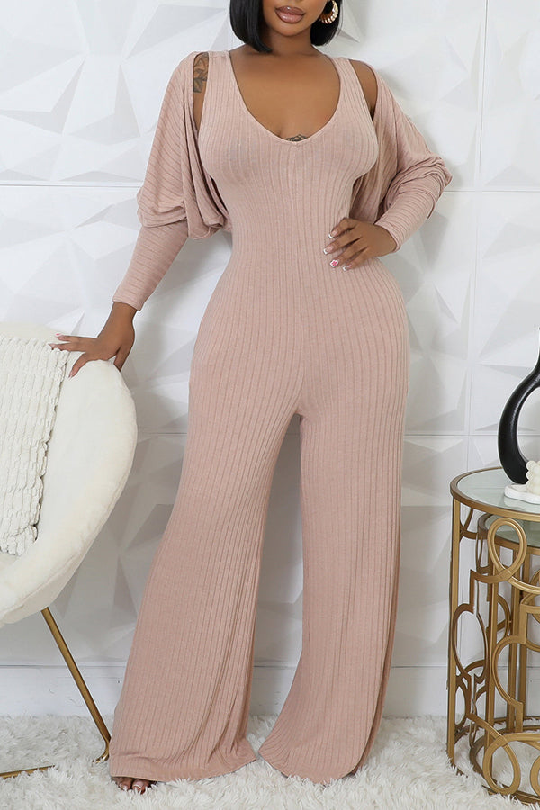 Casual V-Neck Solid Jumpsuit Set