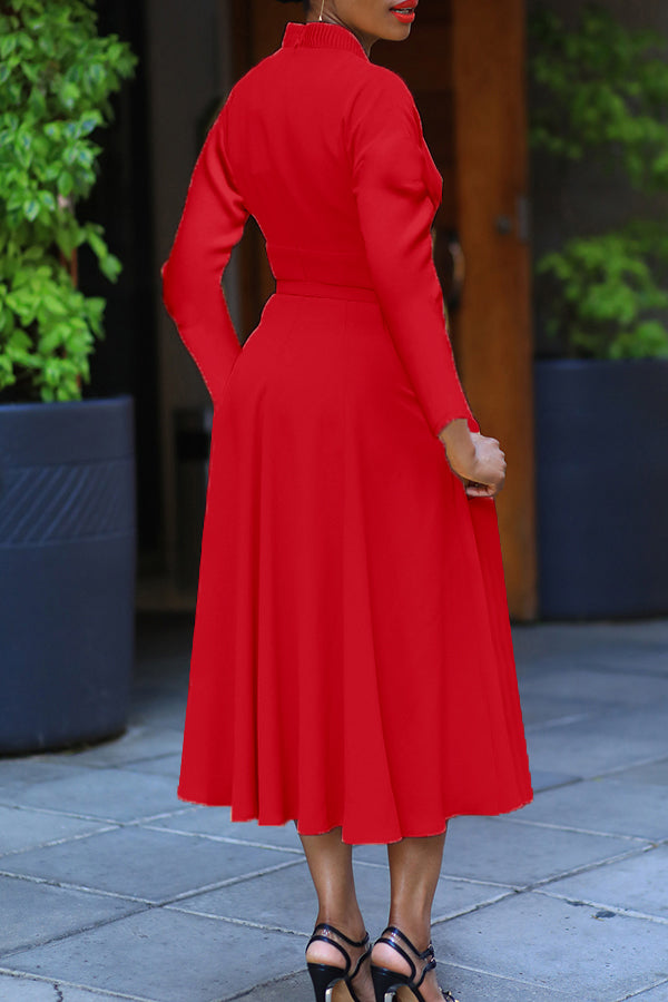 Elegant V-Neck Pleated Belted Pockets Dress