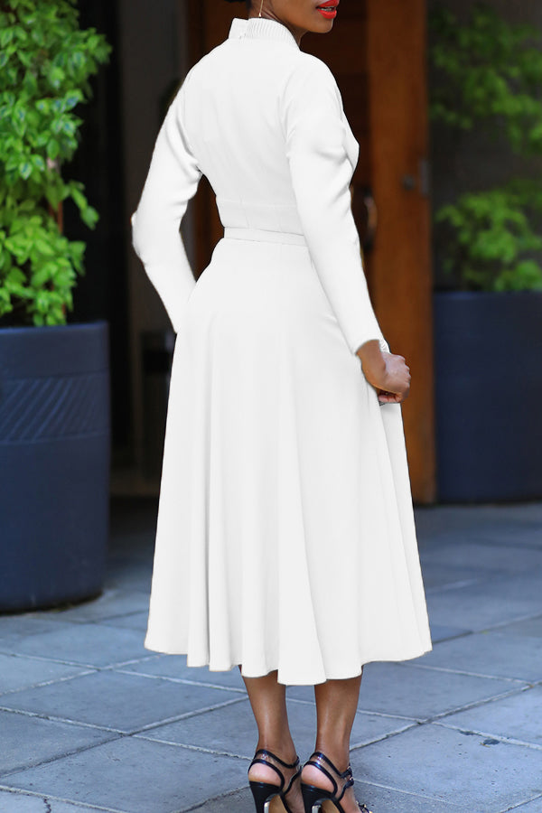 Elegant V-Neck Pleated Belted Pockets Dress