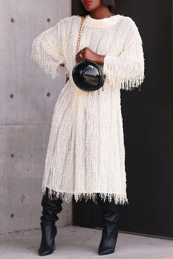 Stylish Pointelle Knit Fringe Trim Dress