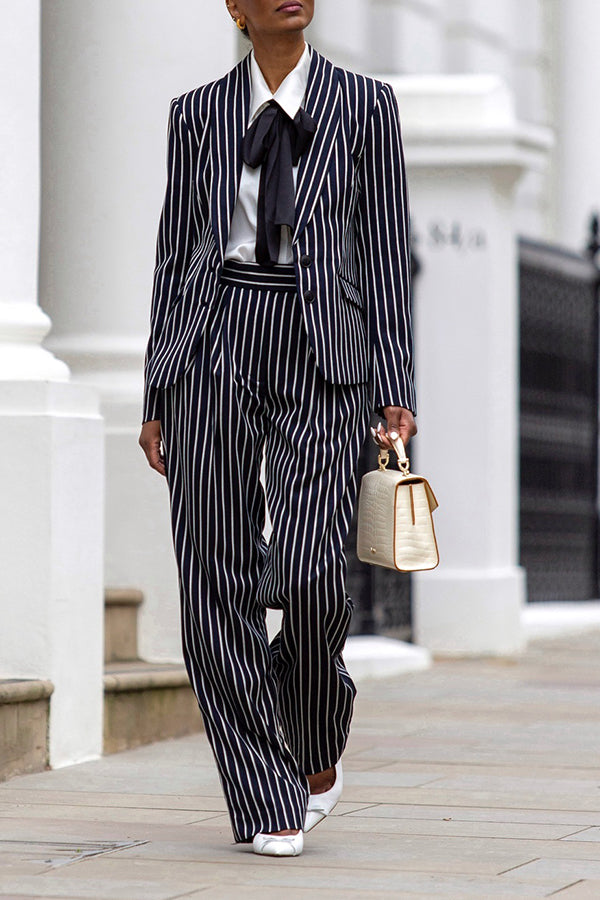 Chic Striped Shawl Collar Blazer & Pants Set