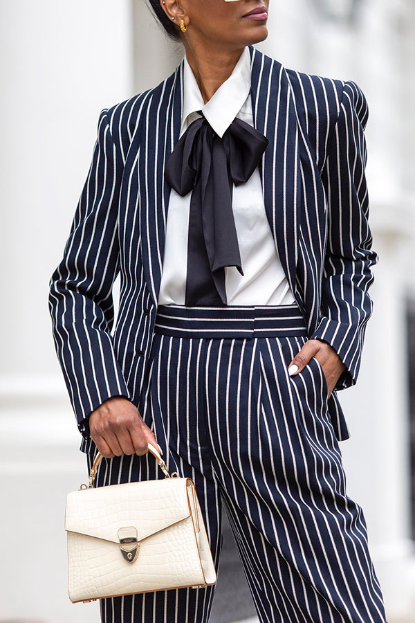 Chic Striped Shawl Collar Blazer & Pants Set