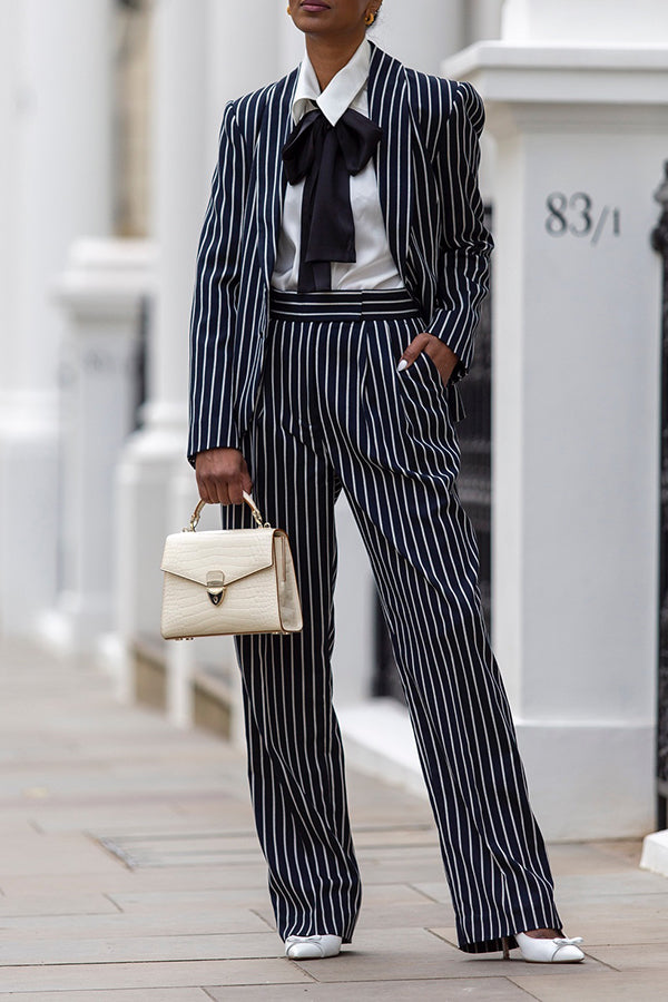 Chic Striped Shawl Collar Blazer & Pants Set