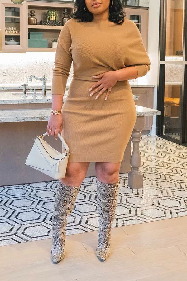 Stylish Ribbed Knit Batwing Sleeve Dress