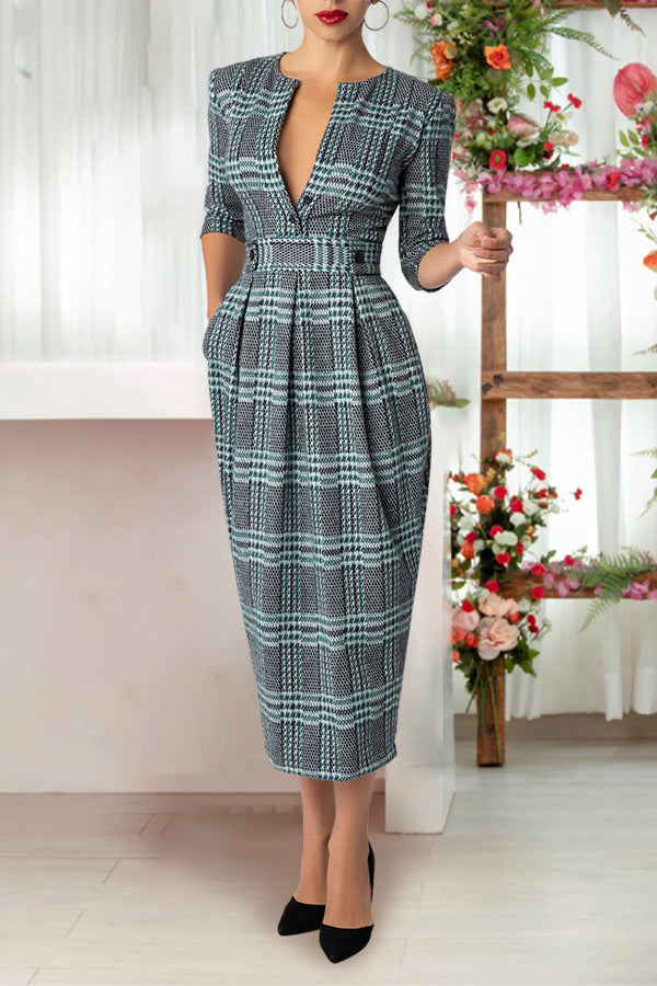 Plaid 3/4 Sleeve Cinched Waist Tulip Dress