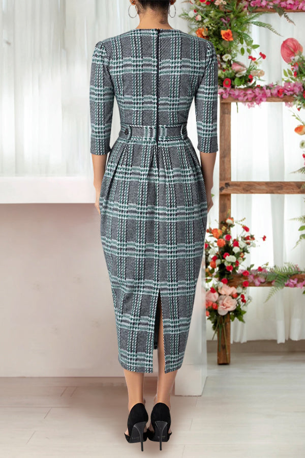 Plaid 3/4 Sleeve Cinched Waist Tulip Dress