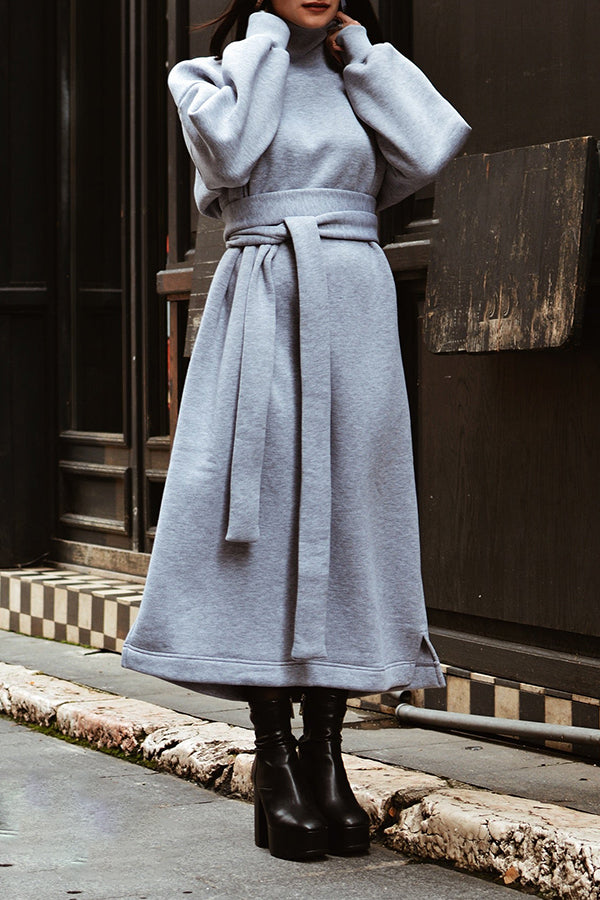 Chic Turtleneck Lantern Sleeve Belted Dress