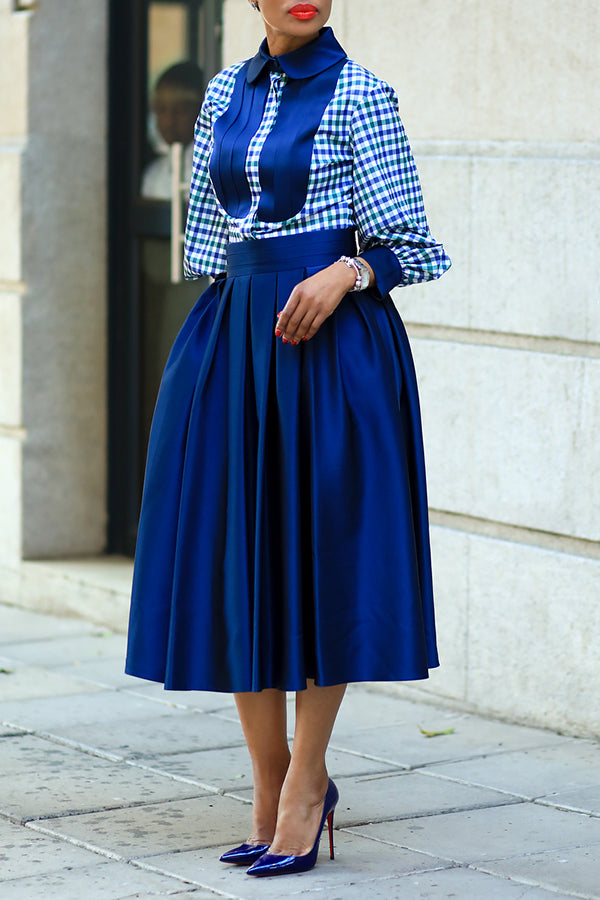 Plaid Lantern Sleeve Shirt & Pocket Skirt Set