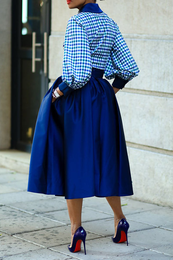 Plaid Lantern Sleeve Shirt & Pocket Skirt Set