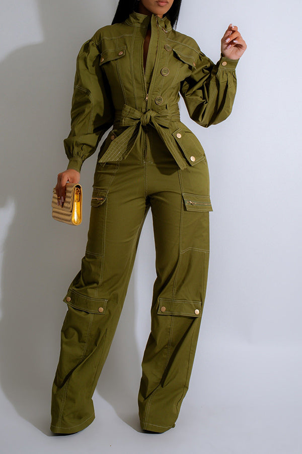 Chic Lantern Sleeve Front Zip Belted Cargo Jumpsuit