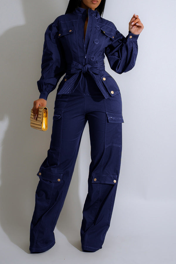 Chic Lantern Sleeve Front Zip Belted Cargo Jumpsuit