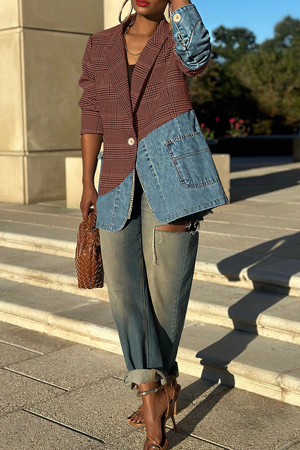 Chic Plaid Denim Splicing Button Back Blazer