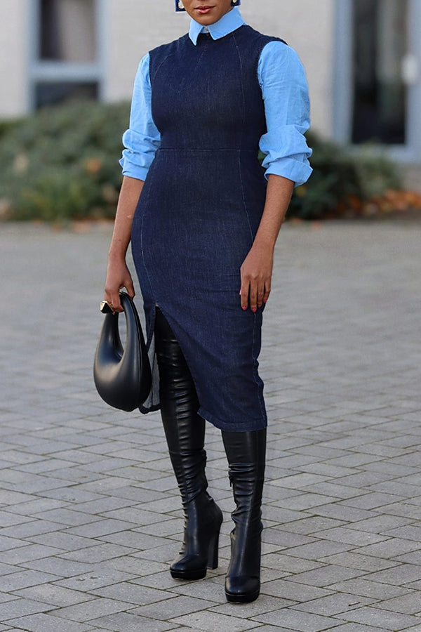 Chic Solid Top & Denim Dress Set